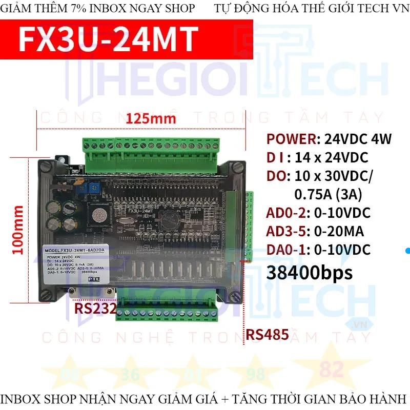 Bo lập trình logic điều khiển công nghiệp PLC FX3U 6AD 2DA 14MR 14MT 24MT 24MR 30MR 32MT 48MR 48MT RS232 RS485 38400bps - FX3U-24MT