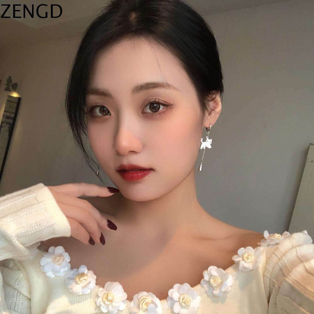 ZENGD Thời trang Màu sắc va chạm Đồng Yếu tố động vật Giọt dầu Tua rua Bông tai dạng hạt hình mèo con Phụ Kiện Nữ Bông tai mèo bất đối xứng Bông tai phong cách Hàn Quốc