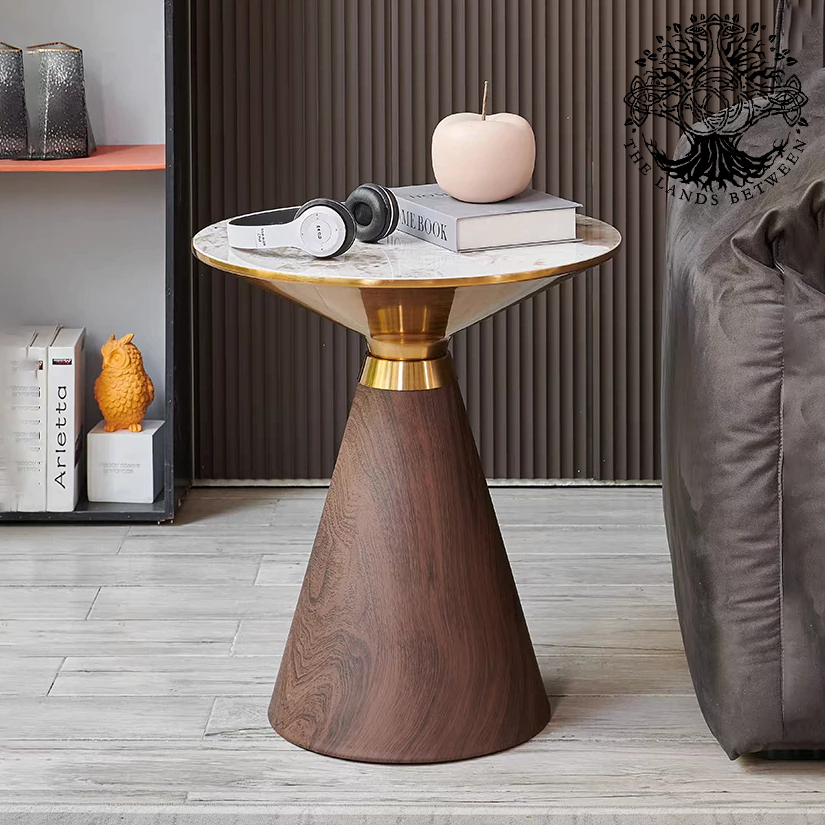 Bàn góc sofa cao cấp, bàn phụ nhập khẩu inox cafe, bàn trà đôi đá vàng inox chân gỗ thiết kế kiểu Ý