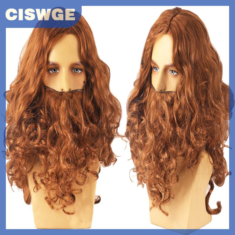 CISWGE Halloween tóc giả trang phục đạo cụ dài cong tóc giả vui màu nâu tóc giả và bộ râu cho ông già cosplay đạo cụ Nâu Tóc Giả Headband