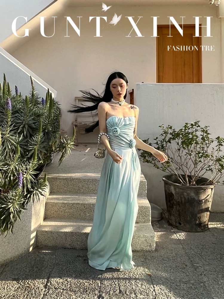 Đầm Quây Xanh Min Xẻ Tà Hoa Hồng Dự Tiệc Sang Trọng