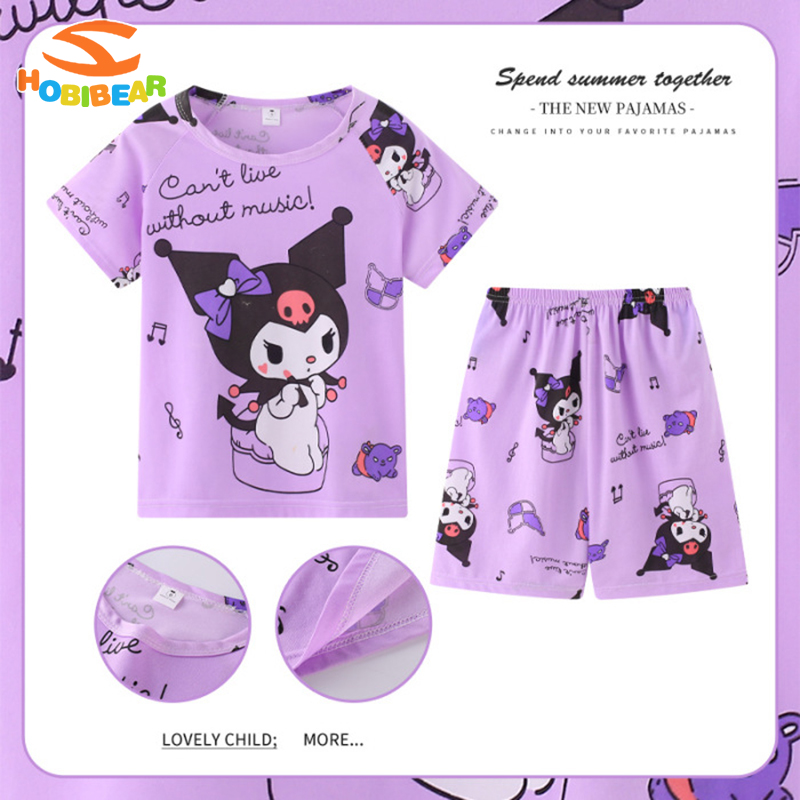 HOBIBEAR Children's pajamas Summer New Cute Cartoon Kuromi Girls Pajamas Children's short-sleeved pajamas set for 2-14 years old Stretch fabrics Soft and comfortable ราคา 155 บาท*ส่งฟรี