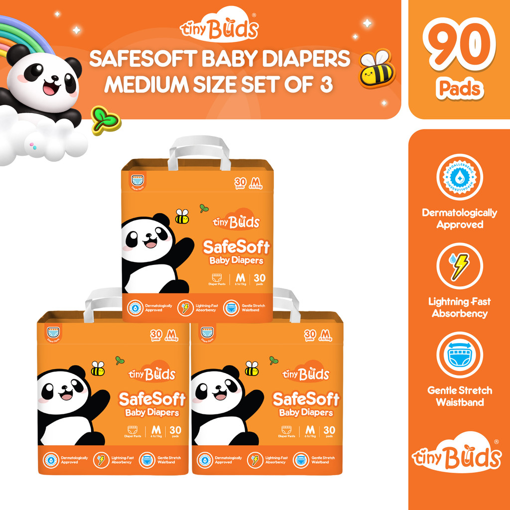 Tiny Buds Baby SafeSoft Pants Diaper Medium M 6–11kg (Set of 3) | Hypoallergenic Double Leak Guard