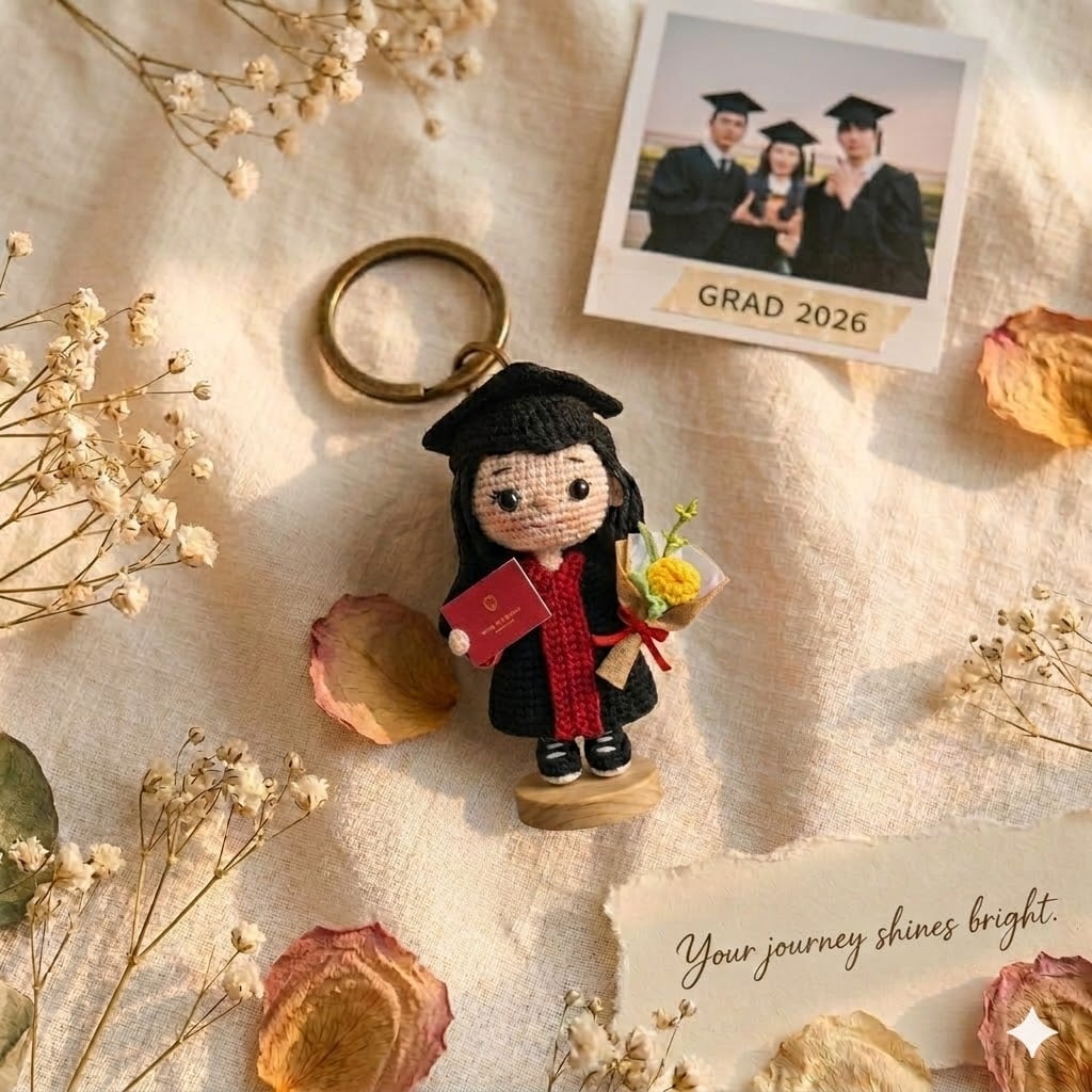 Móc khóa bé gái tốt nghiệp len handmade