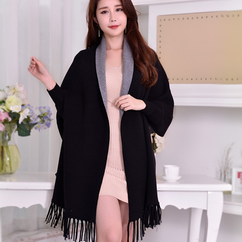 Mùa Đông Có Thể Đảo Ngược tay áo màu đen Cho Phụ Nữ khăn choàng ấm Đế Dày Pashmina Khăn Choàng Và Kết Thúc Tốt Đẹp Tua Mặc Poncho Áo Choàng