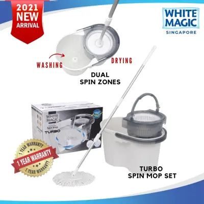 [New Model] White Magic TURBO Hand Press Spin Mop Set (with 1 microfiber mop heads) / Dual Spin Model / 1 Year Bucket Warranty