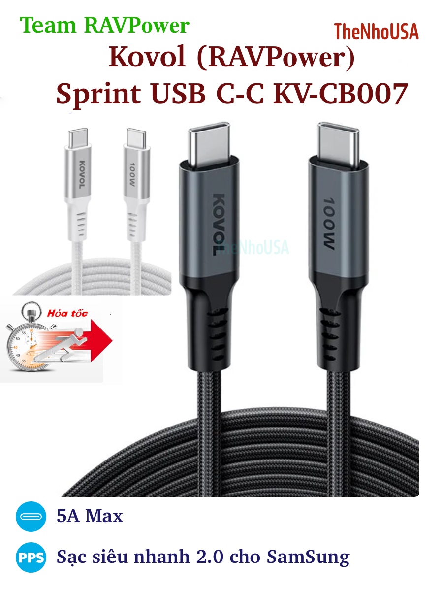 Cáp sạc nhanh Kovol - RAVPower Sprint USB C to C 5A max 100W KV-CB007