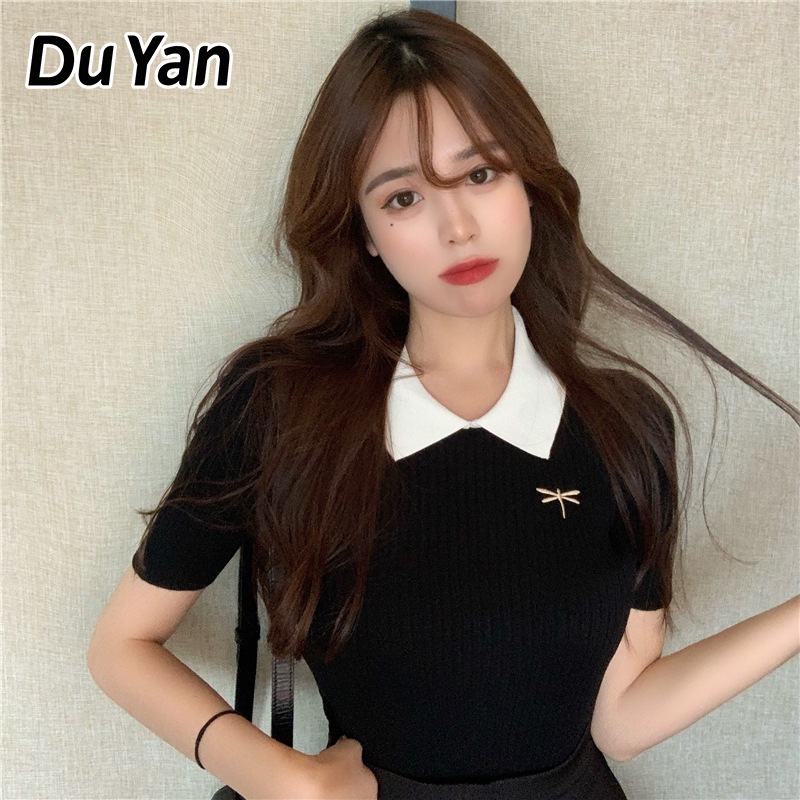 Du YAN polo thêu mỏng màu đen dệt kim áo phông ngắn tay hàng đầu của phụ nữ mỏng