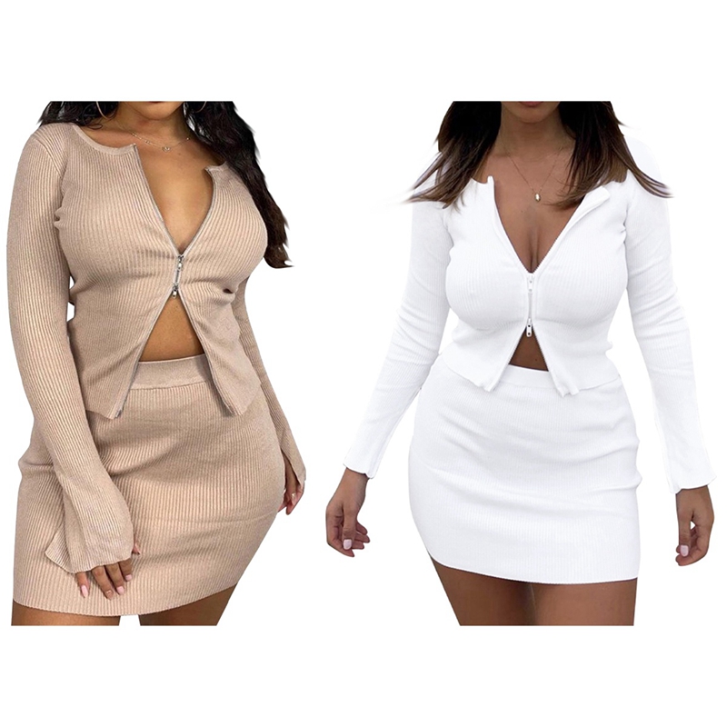 2 Set Outfits Women Sexy Party Casual Double Zipper Skirt Long Sleeve Crop Tops and Mini Skirt Clothes S White & Khaki