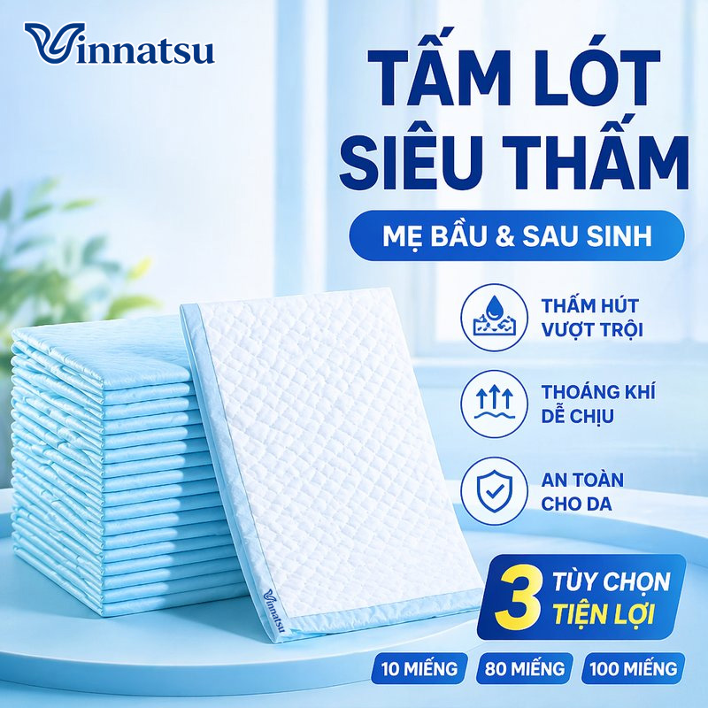 Vinnatsu miếng lót thấm hút tã lót dùng một lần thoáng khí mềm mại khô ráo cho mẹ bé người lớn tuổi 10 80 100