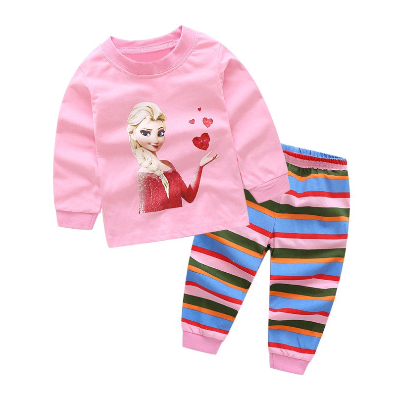 Bộ đồ ngủ pajamas tay dài in họa tiết công chúa Elsa hoạt hình đáng yêu dành cho bé gái