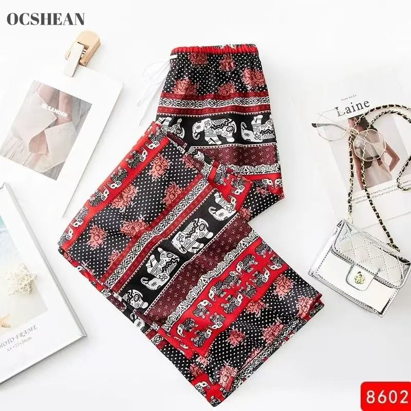 OCSHEAN Southeast Asian Ethnic Style Thailand Elephant Wide-Leg Pants Beach Shorts for Women Summer Thin High Waist Slimming Straight Pants ราคา 39 บาท*ส่งฟรี