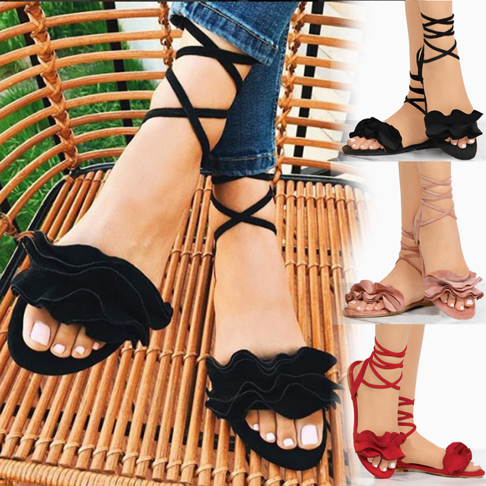 Phụ Nữ màu trơn Ruffles Mũi Tròn Gót bệt Gắn Dép Giày Rome Dây Đeo đế xuồng thấp Dép Cho Phụ Nữ