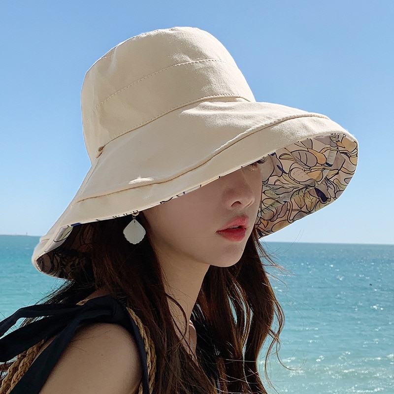 2023 Xuân Hè in đảo ngược mũ che nắng bãi biển người phụ nữ cô gái du lịch ngoài trời kỳ nghỉ mũ thủy thủ rộng vành 12.5cm Mũ Lưỡi Trai