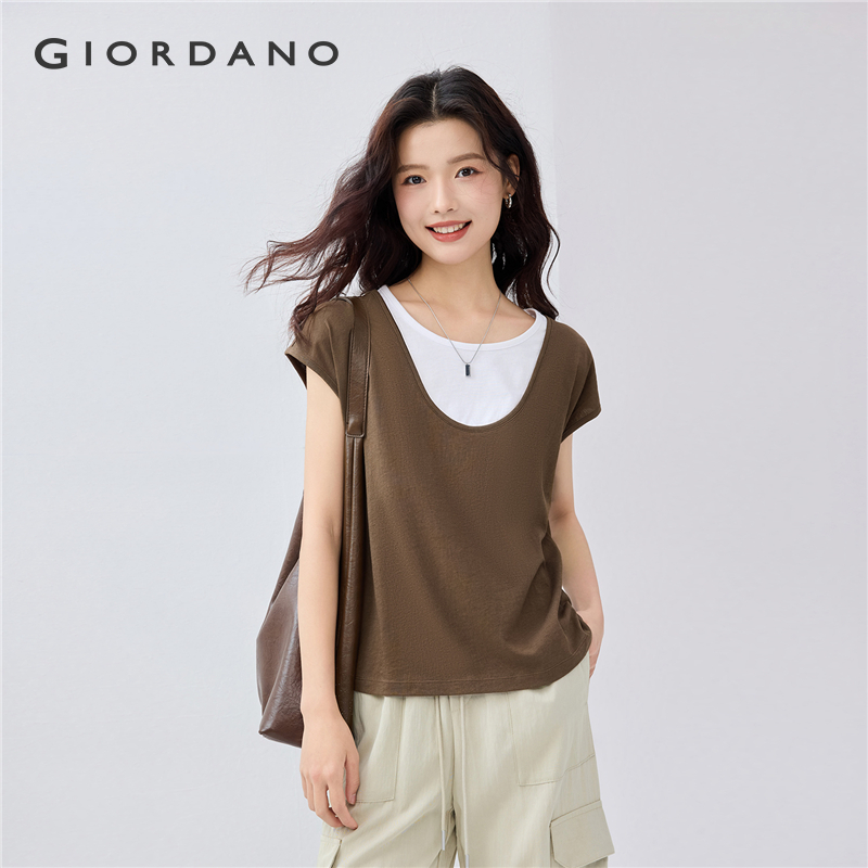 GIORDANO Women T-Shirts Fake 2-Piece Two-Tone Color Tee Crewneck Cap Sleeve Summer Simple Fashion Casual Tshirts 05325466 ราคา 569 บาท*ส่งฟรี