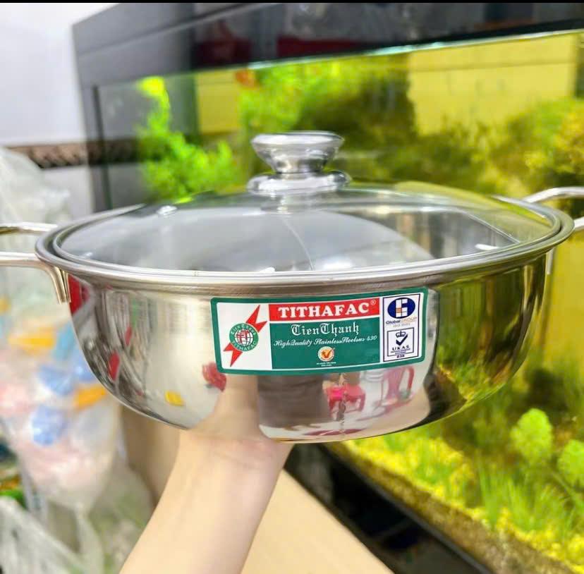 Nồi lẩu inox 2 ngăn Tiến TITHAFAC Thành có nắp kính nấu được bếp từ và bếp ga size 26cm và 28cm