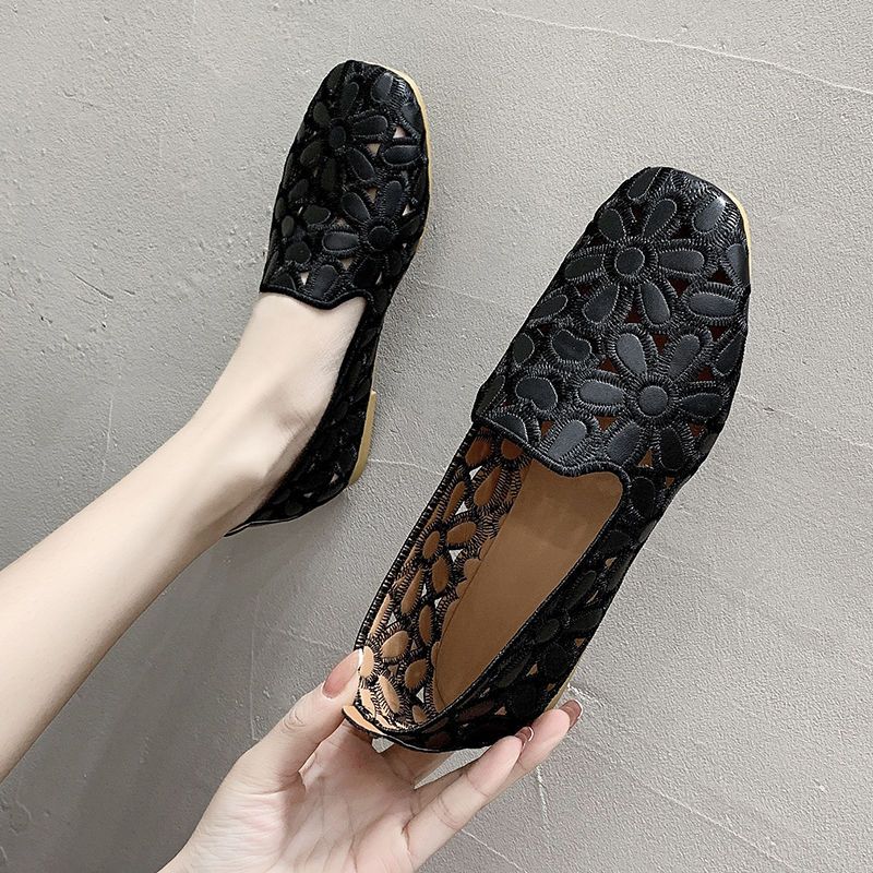 Square Toe Shoes 2023 Summer New Embroidered Hollow Women's Shoes Flat Bottomed Bean Shoes - 4