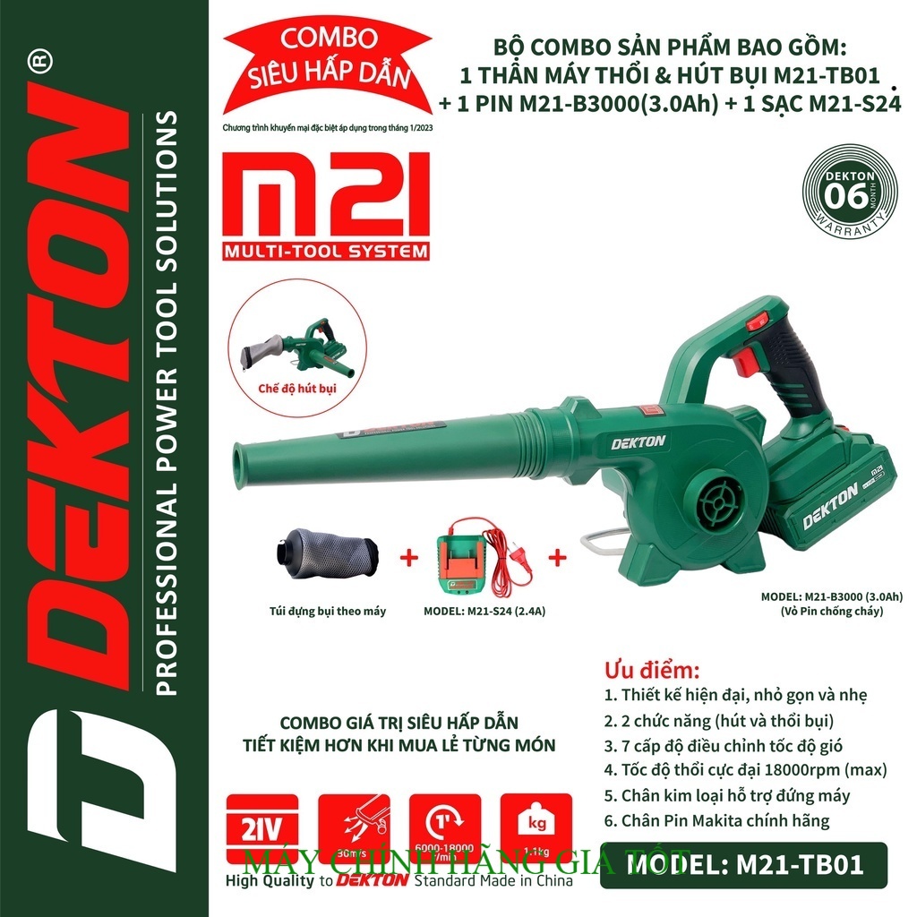 DEKTON Máy Thổi Bụi Dùng Pin M21/TB01 /Máy thổi bụI hút bụi 2 trong 1 Chỉnh Gió 6 Cấp/ Chân Pin Phổ Thông ĐL GT