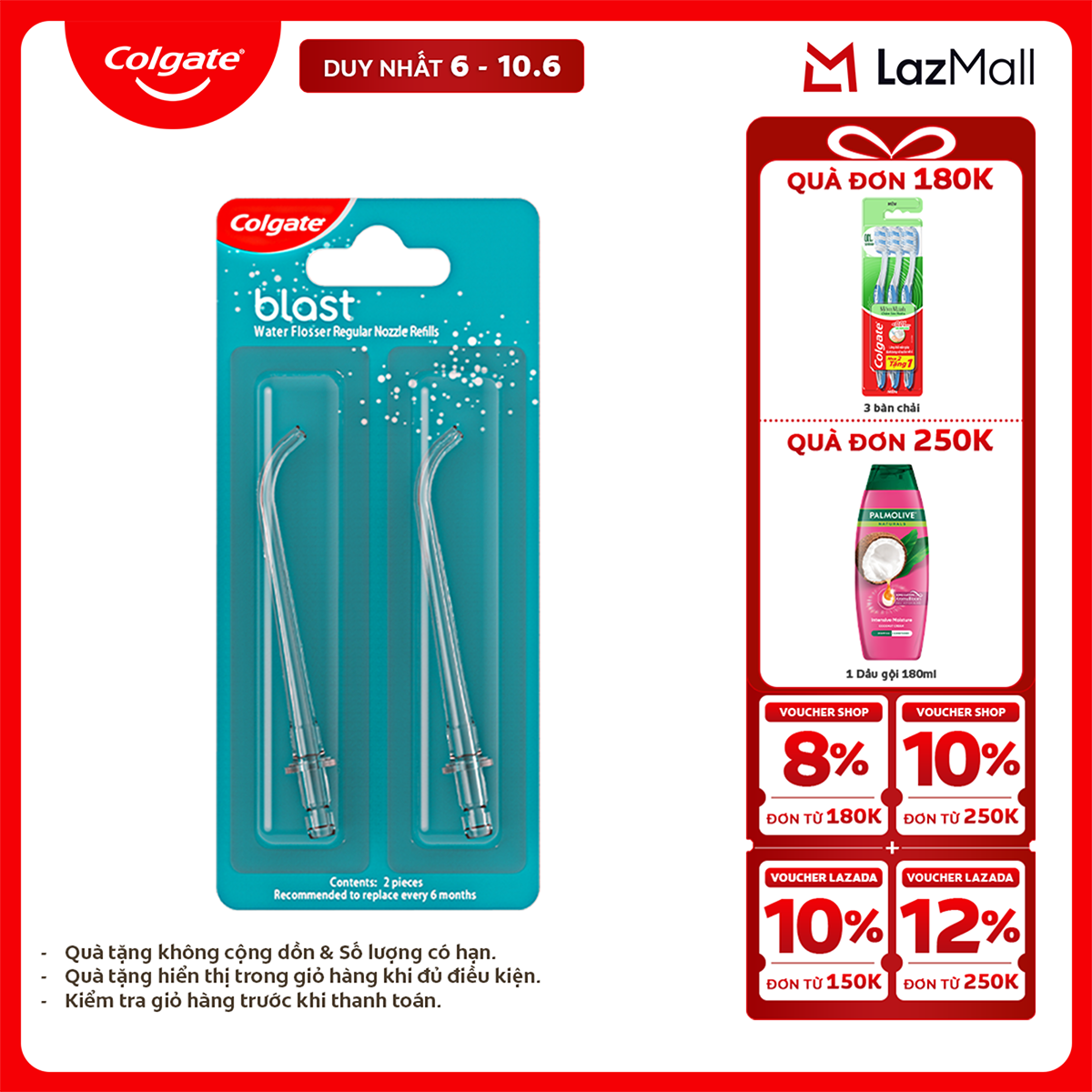[Chỉ 6-10.6_X2 Voucher giảm 22%] Bộ 2 đầu tăm nước Colgate thay thế - Phụ kiện cho máy tăm nước Colgate nhỏ gọn, bỏ túi