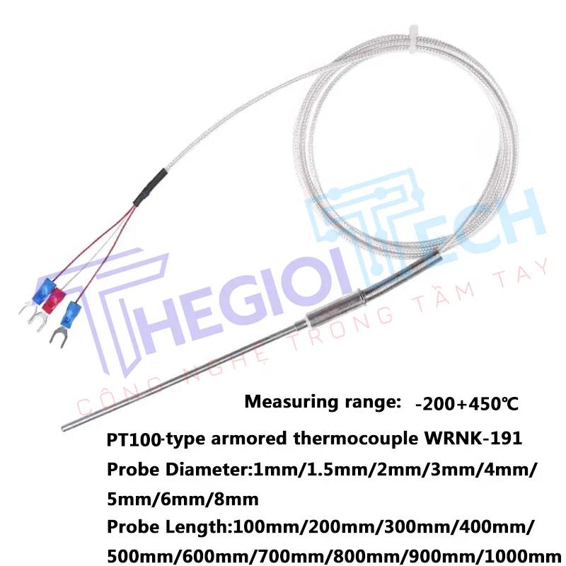FS cặp nhiệt điện vũ trang loại PT100 WZPK-191 cảm biến nhiệt độ cặp nhiệt điện 1mm 2mm 3mm 4mm 6mm nhiệt độ thử nghiệm-200 450 ℃ - probe diam2X1000mm