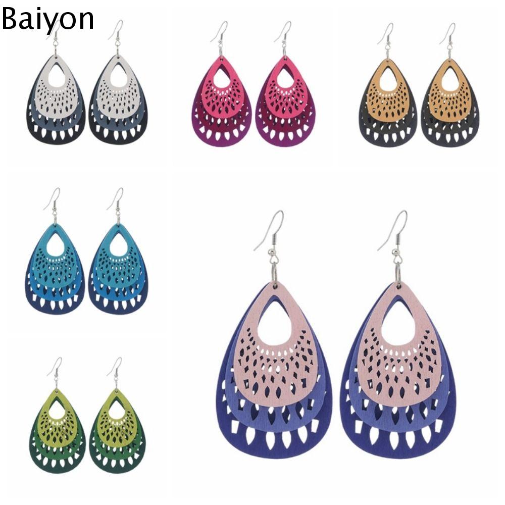 BAIYON Khoét lỗ Bông tai thả gỗ Màu hỗn hợp Bohemian Bông tai toòng teng cổ điển Mùa hè Đầy màu sắc Bông tai dân tộc lớn Phụ nữ