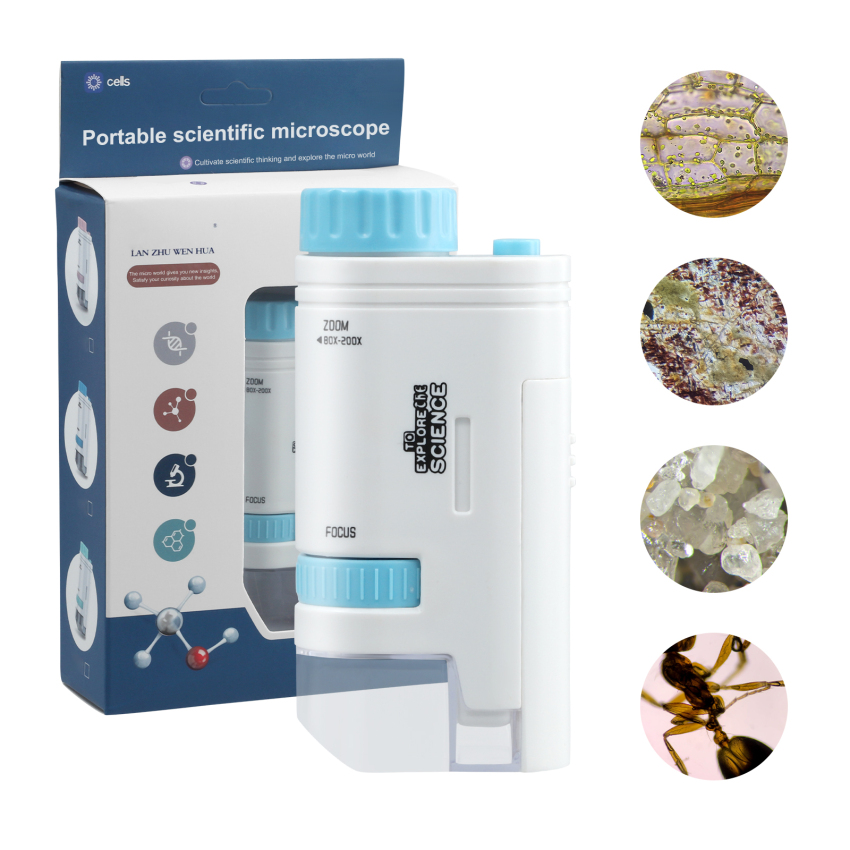 Kính hiển vi xách tay trẻ em Zoom 200X bỏ túi nhỏ gọn cầm tay kính hiển vi với đèn LED độ nét cao cho sinh viên quan sát vi sinh học Đồ chơi giáo dục học mầm non tại nhà