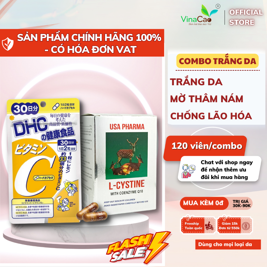 Combo 120v gồm L-cystine USA 500mg và Vitamin C DHC trắng da, giảm mụn, chống rụng tóc, mờ thâm nám 