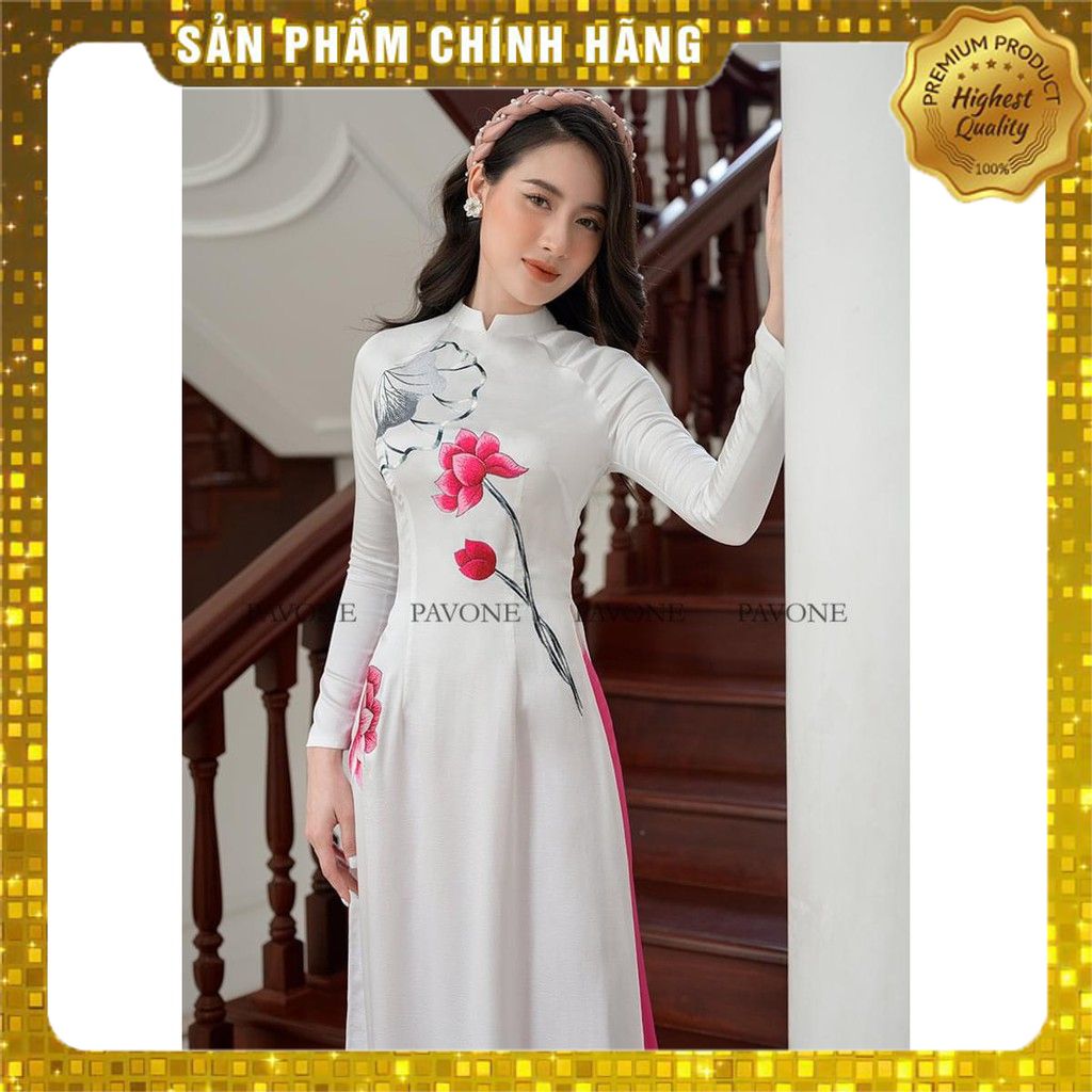 Áo dài trắng thêu sen thủ công 2021