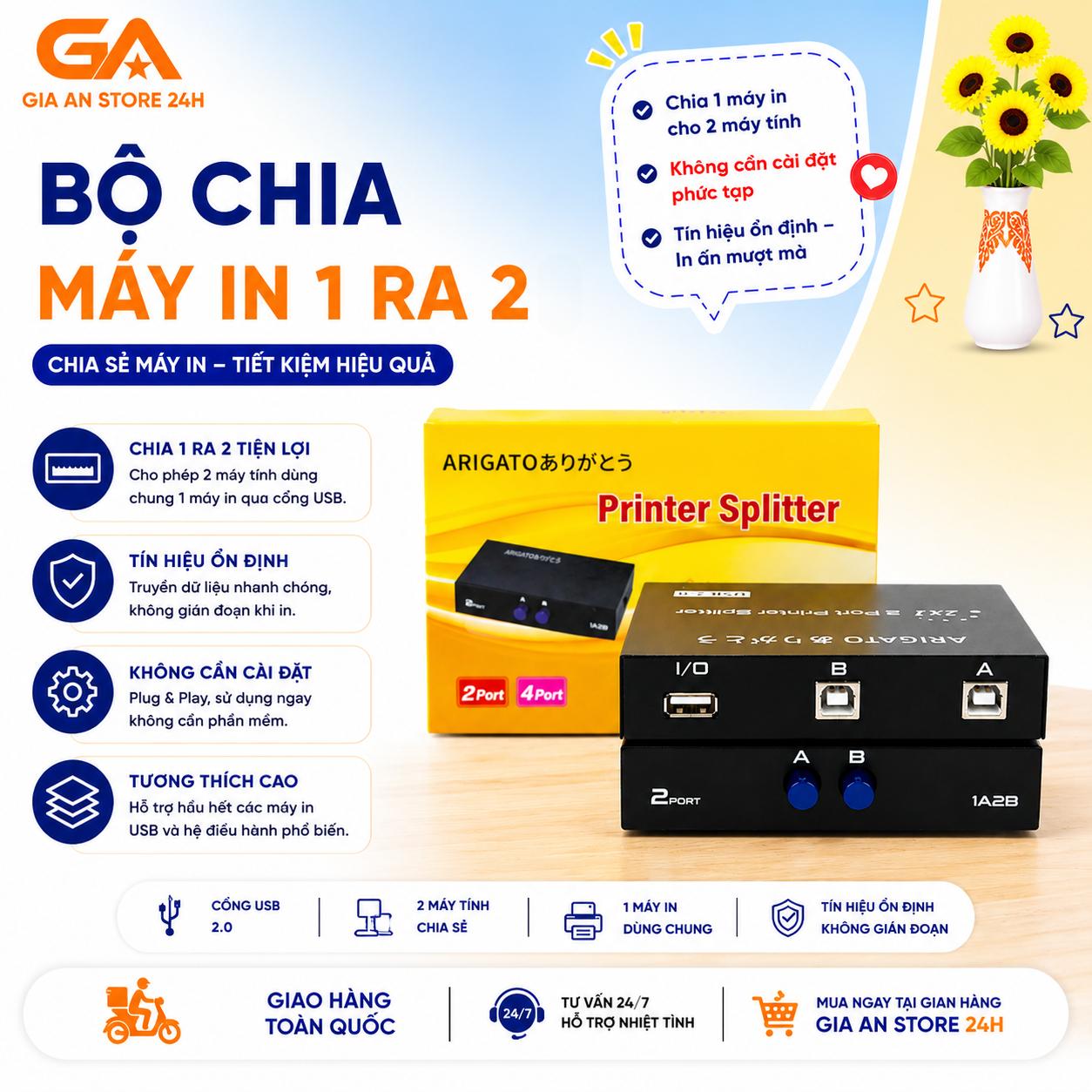 Bộ Chia Máy In USB Arigato 1 Ra 2 (2 Port) – Printer Splitter Chia Sẻ Máy In Cho 2 Máy Tính