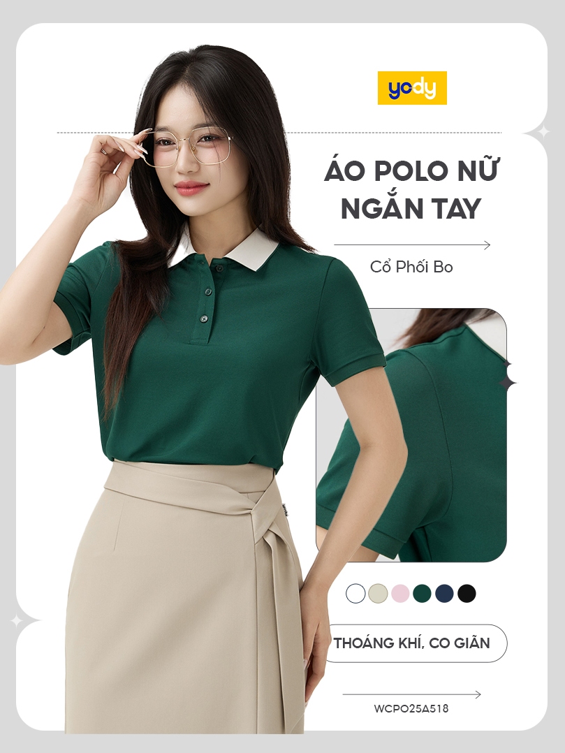 [KOL/KOC] Áo Polo Nữ YODY Ngắn Tay Mắt Chim Cổ Phối Bo Co Giãn Thông Thoáng WCPO25A518