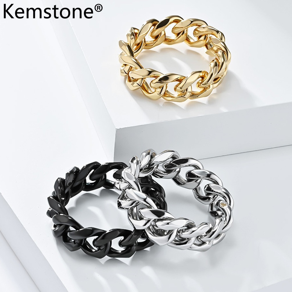 Kemstone Stainless Steel Chain Shape Rings Men s Black Silver Gold Plated
