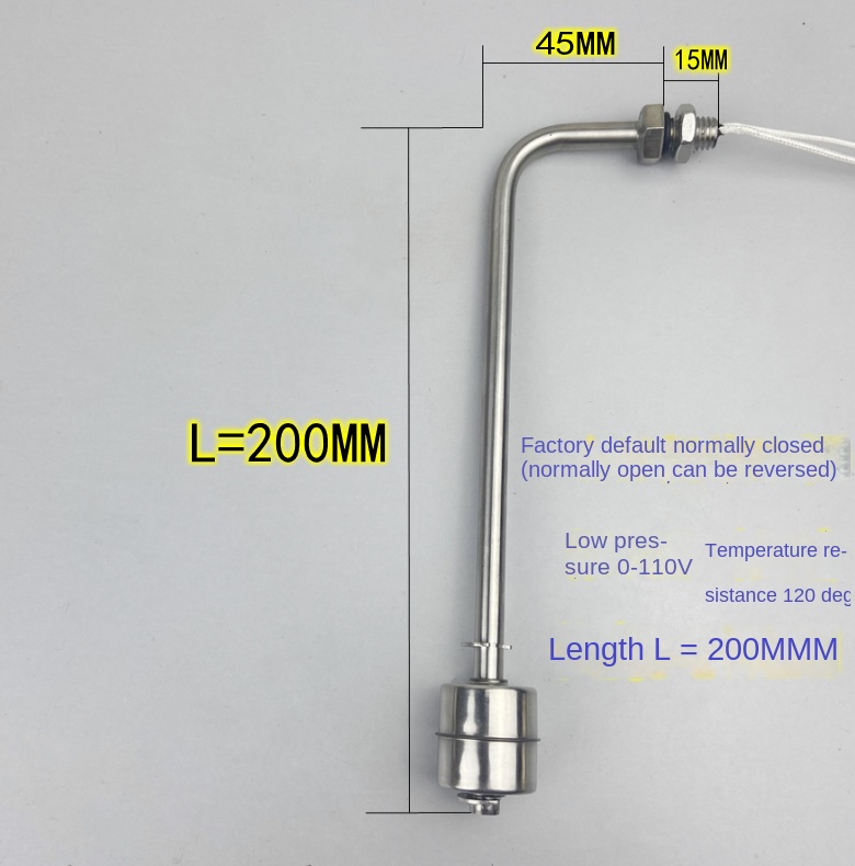 Công tắc mức nước lắp bên - Phao inox 304 chịu nhiệt, áp suất thấp, chiều dài 200mm