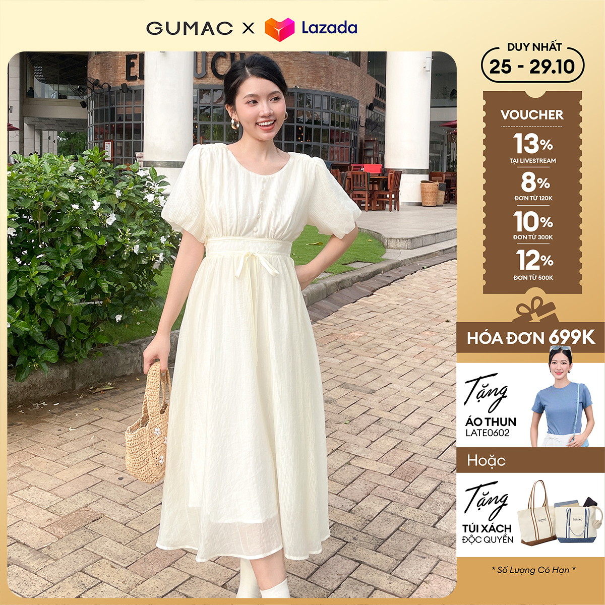 Đầm nữ midi tay bí thời trang Gmorning - GUMAC YDE04001