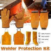 Kingstore Welding Apron Welders Protection Set Thorn Proof Leather Protective Work Heat Resistant Apron Sleeves Gloves