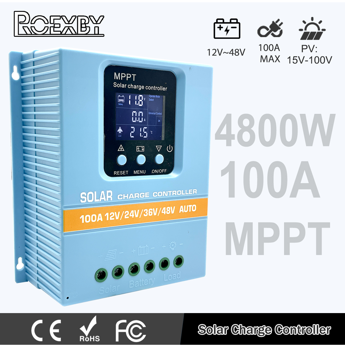 Roexby điều khiển sạc năng lượng mặt trời MPPT 100A 80A 60A 12V 24V 36V 48V pin năng lượng mặt trời Bộ điều chỉnh thông minh hai cổng USB Màn hình hiển thị LCD