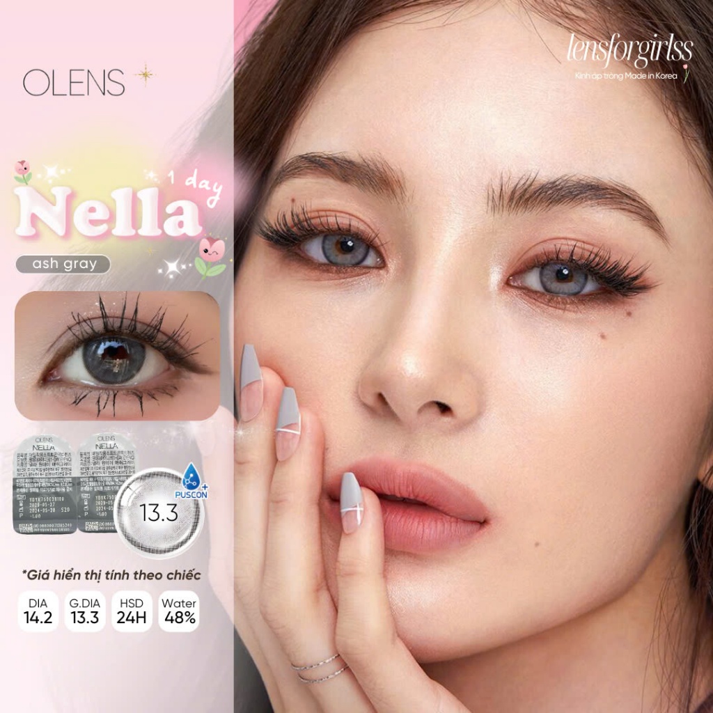 (New) Kính áp tròng 1 NGÀY xám tây NELLA ASH GRAY chính hãng Olens | Lens cận 1 ngày | LENSFORGIRLSS