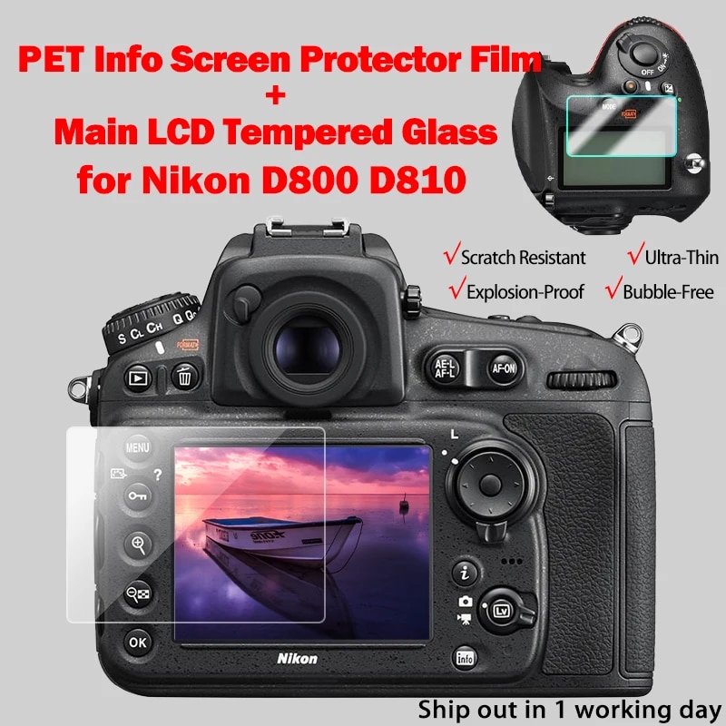 For Nikon D800 D810 Camera Tempered Protective Self-Adhesive Glass Main LCD Display + Film Info Screen Protector Guard Cover