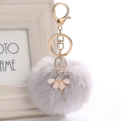 Women Handbag Accessories Faux Rabbit Fur Fluffy Car Pendant Angel Keychain Ballet Dancing Girl Keyring Key Buckle