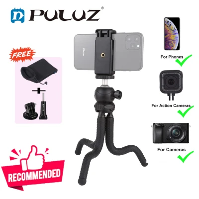 PULUZ Mini Octopus Flexible Tripod Stand for Camera and Smartphone (Black) + FREE Mobile Phone Holder for Huawei Samsung S21 iPhone 12 Xiaomi 11 Android GoPro 9 GoPro 8 GoPro 7 6 5mini Camera Tripod Phone Holder Clip Stand