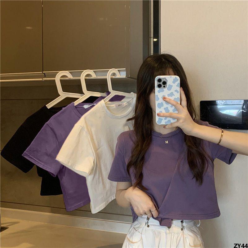 Bộ sưu tập mùa hè thời thượng màu tím 2025 Nữ T Áo Thun T Áo Sơ Mi Ngắn Tay 99% Kích thước nhỏ kiểu dáng ngắn cùng kiểu dáng đánh giá cao thời trang mới cho phụ nữ thanh lịch ][ Bông nguyên chất không đều