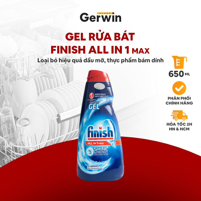 Gel rửa chén bát Finish All in 1 650ml cho máy, Gel rửa bát Finish - nhập khẩu Châu Âu, làm sạch vượt trội,thơm lâu