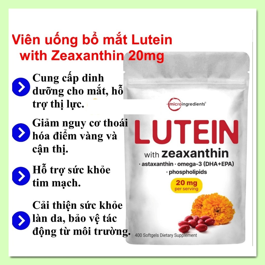 Viên uống bổ mắt Lutein with Zeaxanthin 20mg/ 40mg Micro Ingredients [Hàng Mỹ] - SẢN PHẨM ĐƯỢC YÊU THÍCH TRÊN THỊ TRƯỜNG HIỆN TAY, DÙNG RẤT TỐT LUÔN Ạ, ĐẢM BẢO DÙNG RẤT THÍCH, KHÁCH YÊU TRẢI NGHIỆM ỦNG HỘ SHOP NHÉ