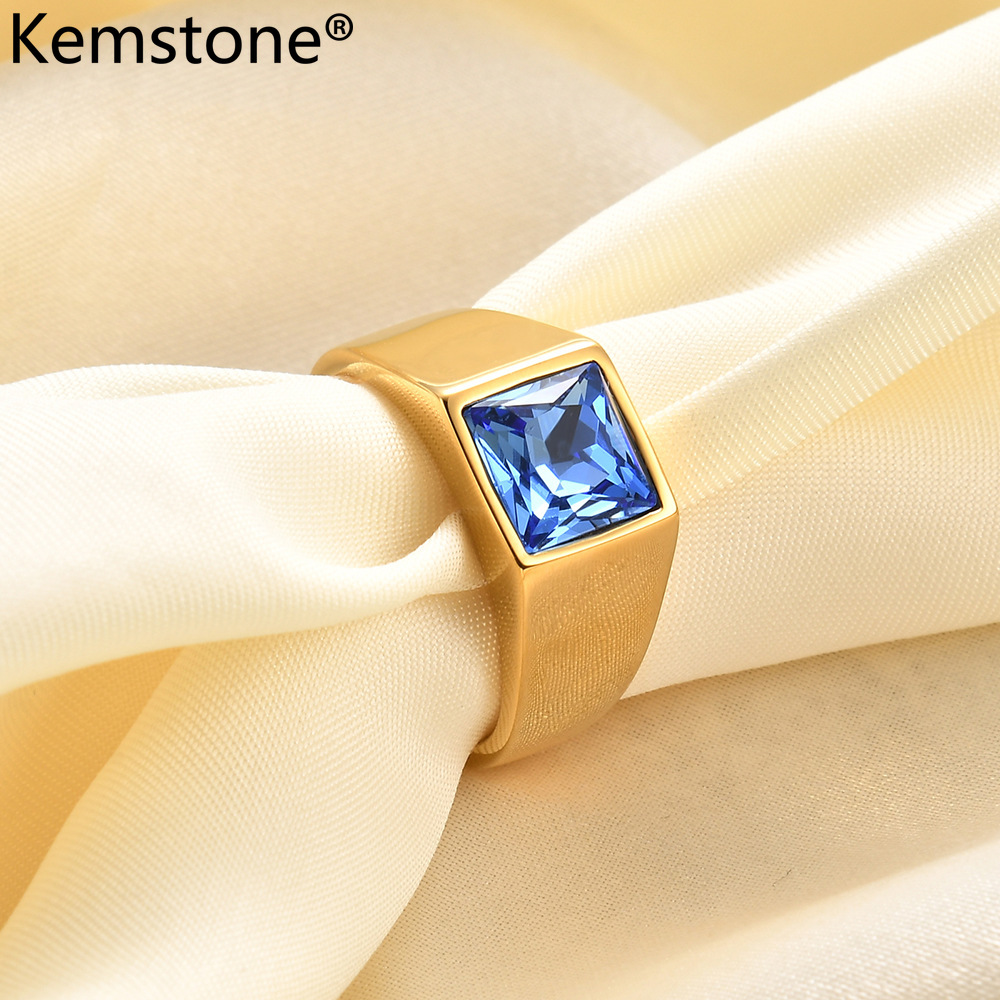  Kemstone thép không gỉ 18K mạ vàng Nhẫn Zircon vuông trang sức cho nam giới 