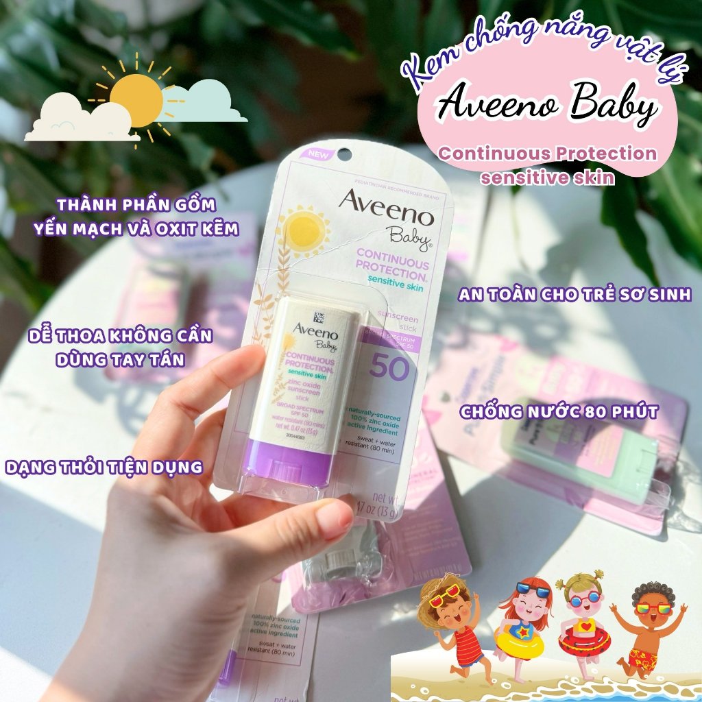 Sáp chống nắng vật lý cho bé sơ sinh Aveeno Baby Continuous Protection Stick SPF 50 - - Công thức khoáng chất 100%: An toàn cho da nhạy cảm của bé, không gây kích ứng.  - Chống nước và mồ hôi lên đến 80 phút: Giúp bé thoải mái vui chơi dưới nắng.
