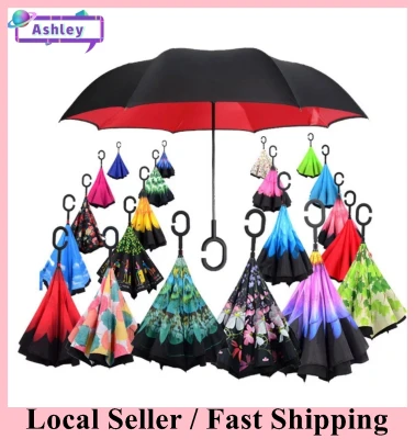 (SG Seller)Inverted Umbrella Reverse Double Layer Umbrella Anti UV UPF 50+ Car Stand Windproof Rain Umbrella C Handle Umbrellas For Women and Men
