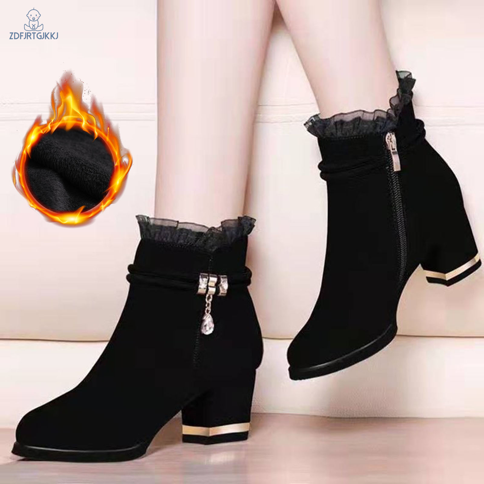 Women s Black Ankle Boots Chunky Block Heel Slip On Short Boot Shoes for