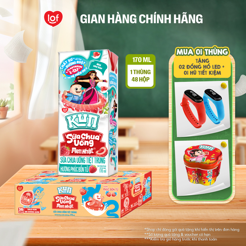 Sữa chua uống tiệt trùng KUN hương phúc bồn tử thùng 48 hộp x 170ml