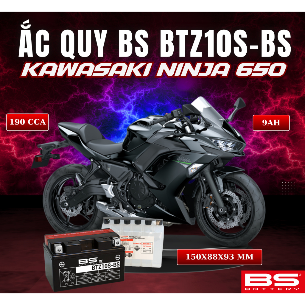 BÌNH ẮC QUY BS BATTERY BTZ10S-BS 190CCA KAWASAKI NINJA 650 (150 x 88 x 93 mm)