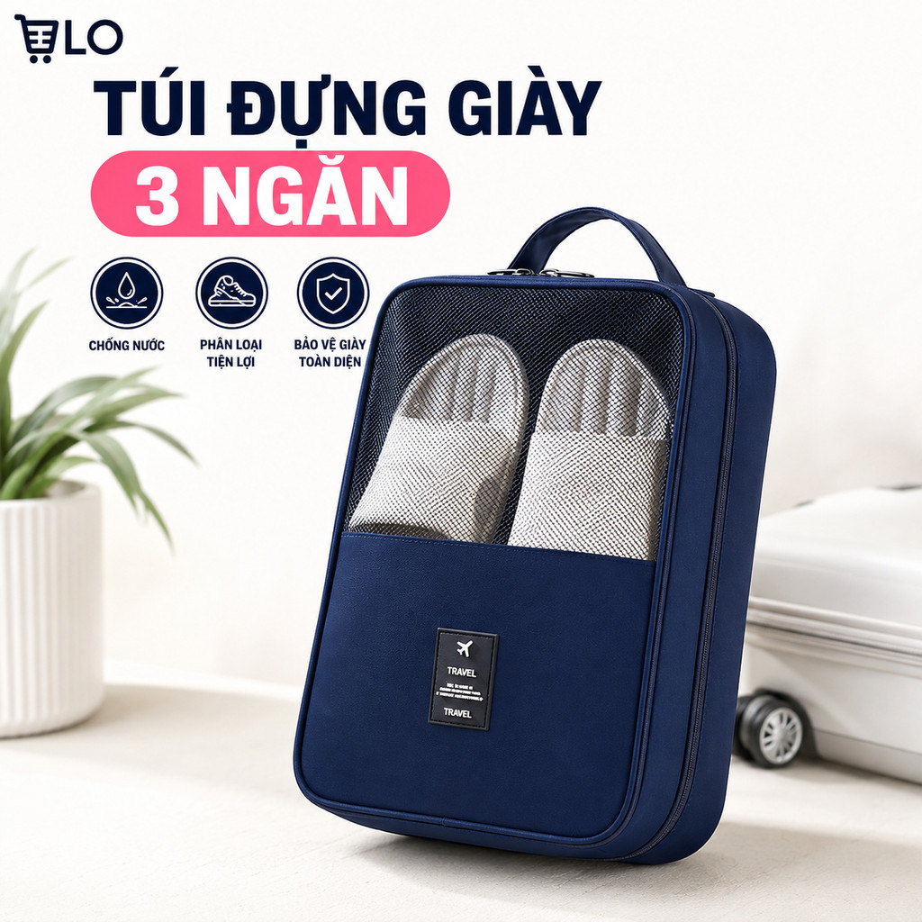 Túi Đựng Giày Dép Du Lịch TRAVEL 3 Ngăn, Thể Thao Tiện Dụng Chống Nước Kích thước 29X23cmx15cm