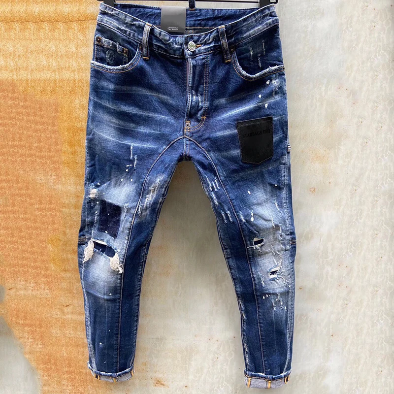 【A Popular】  starbags dsq T121 men`s jeans New wear simple men slim ripped stretch jeans skinny straight Tear Process Italian Design pants